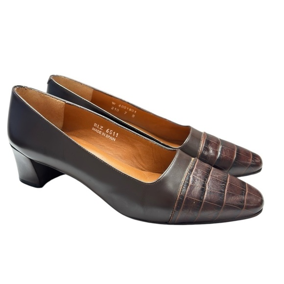 VTG Ralph Lauren Womens Brown Croc Embossed Block Heel Pump Size 7 Made in Spain - Picture 7 of 13